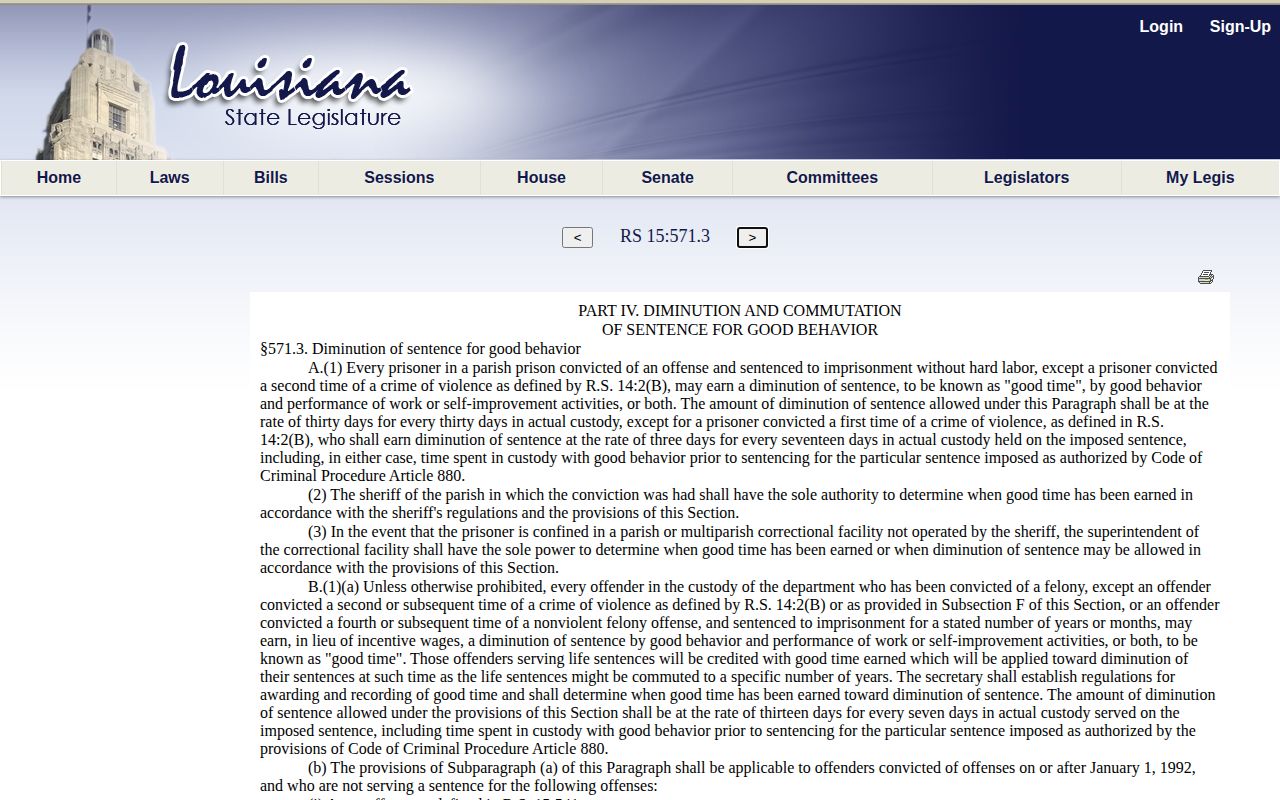 Louisiana good-time statute for a St. Landry Parish projected release date