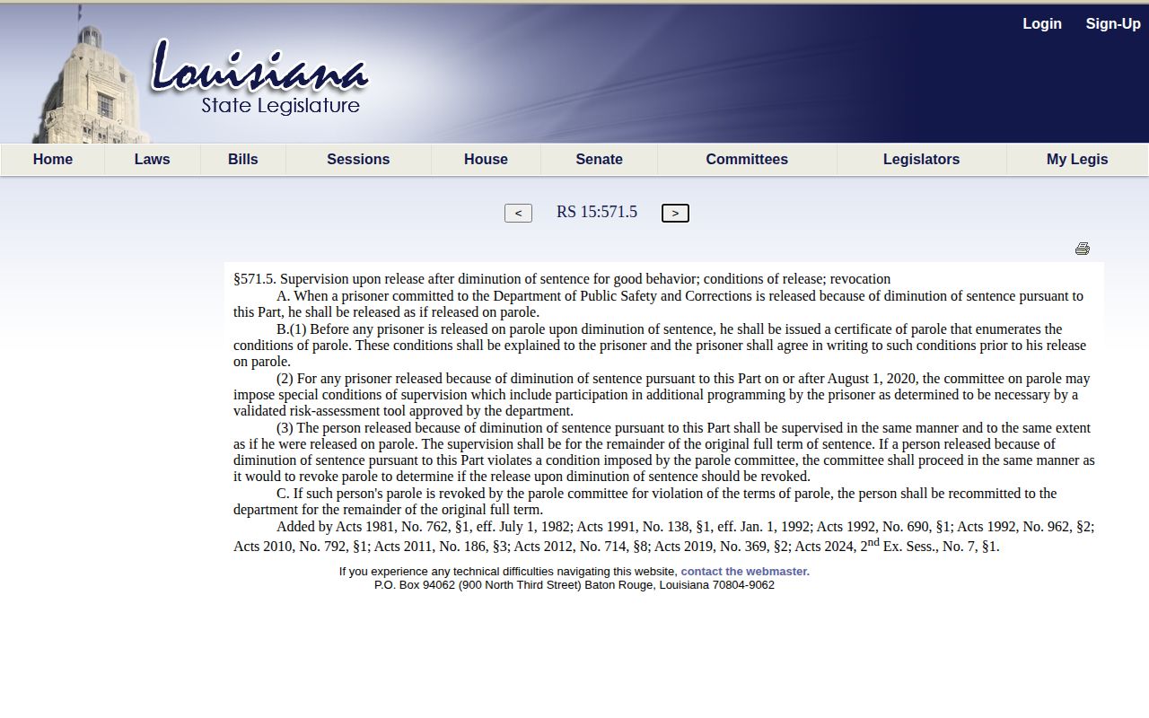 Louisiana good-time release supervision law for St. Landry Parish